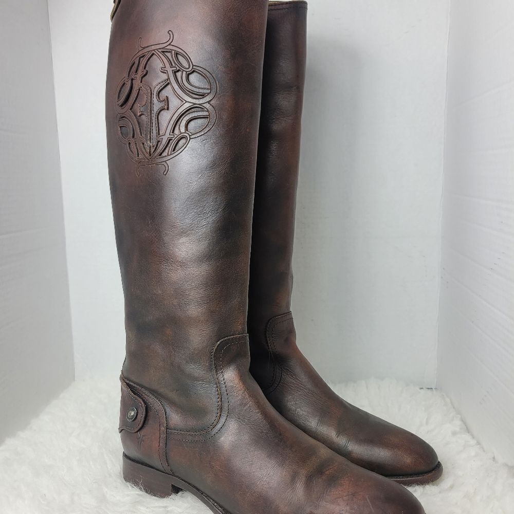 Frye Lindsay Womens Boots Size 8.5 Logo Embroidered Brown Riding Back Side Zip